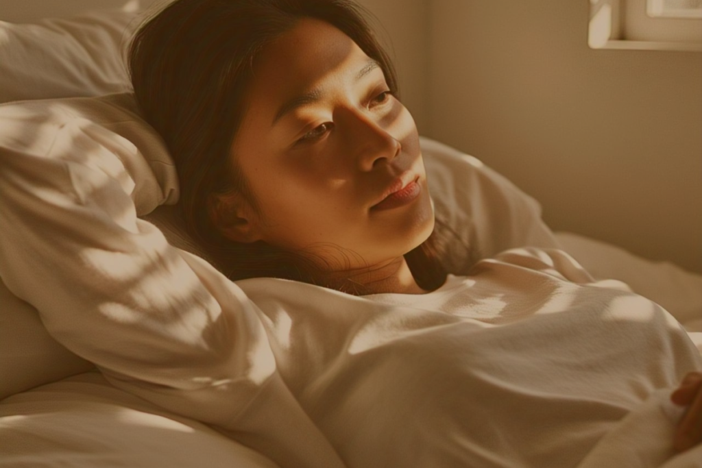 Pessoa acordando sorridente com luz solar