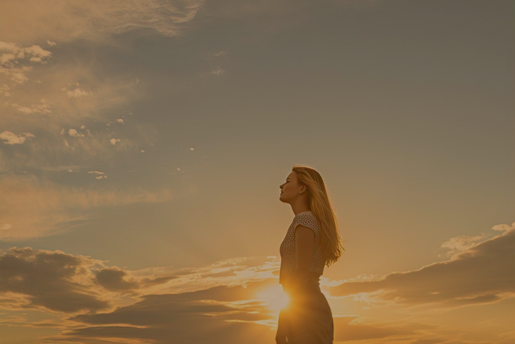 Pessoa relaxando ao entardecer, simbolizando paz antes de dormir