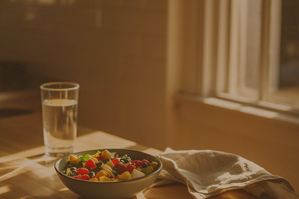 Alimentação saudável e caminhada leve no fim do dia