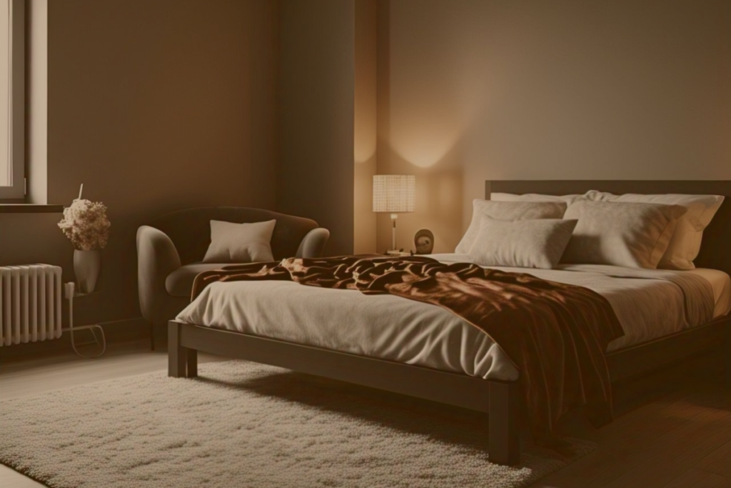 Quarto escuro e aconchegante, ambiente ideal para dormir